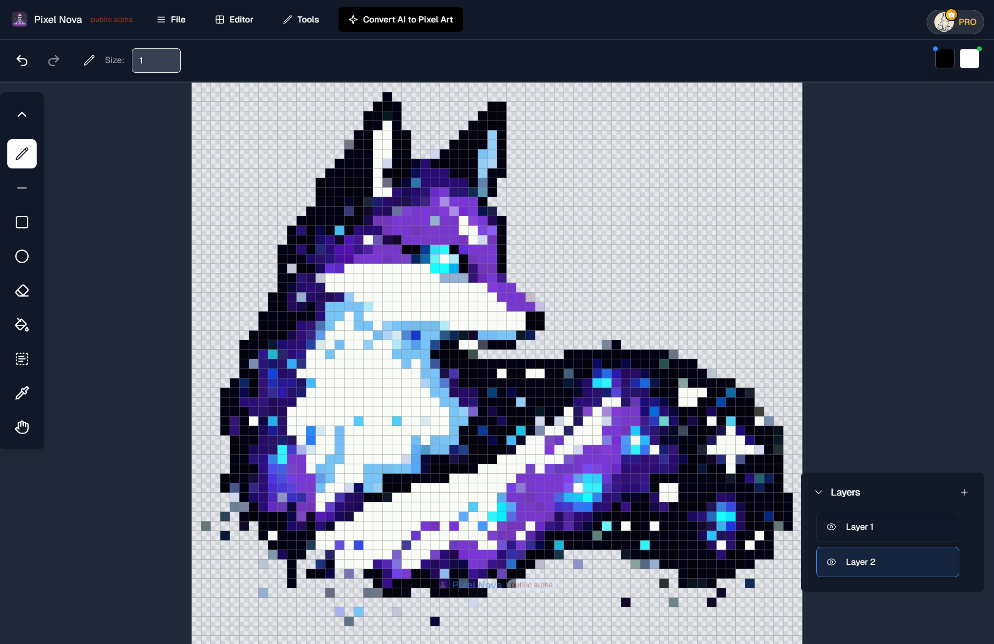 The Pixel Nova editor showing the canvas, layer stack, and palette